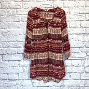Billabong Boho Gypsy Long Sleeved Paisley Striped Shift Dress | Size Medium